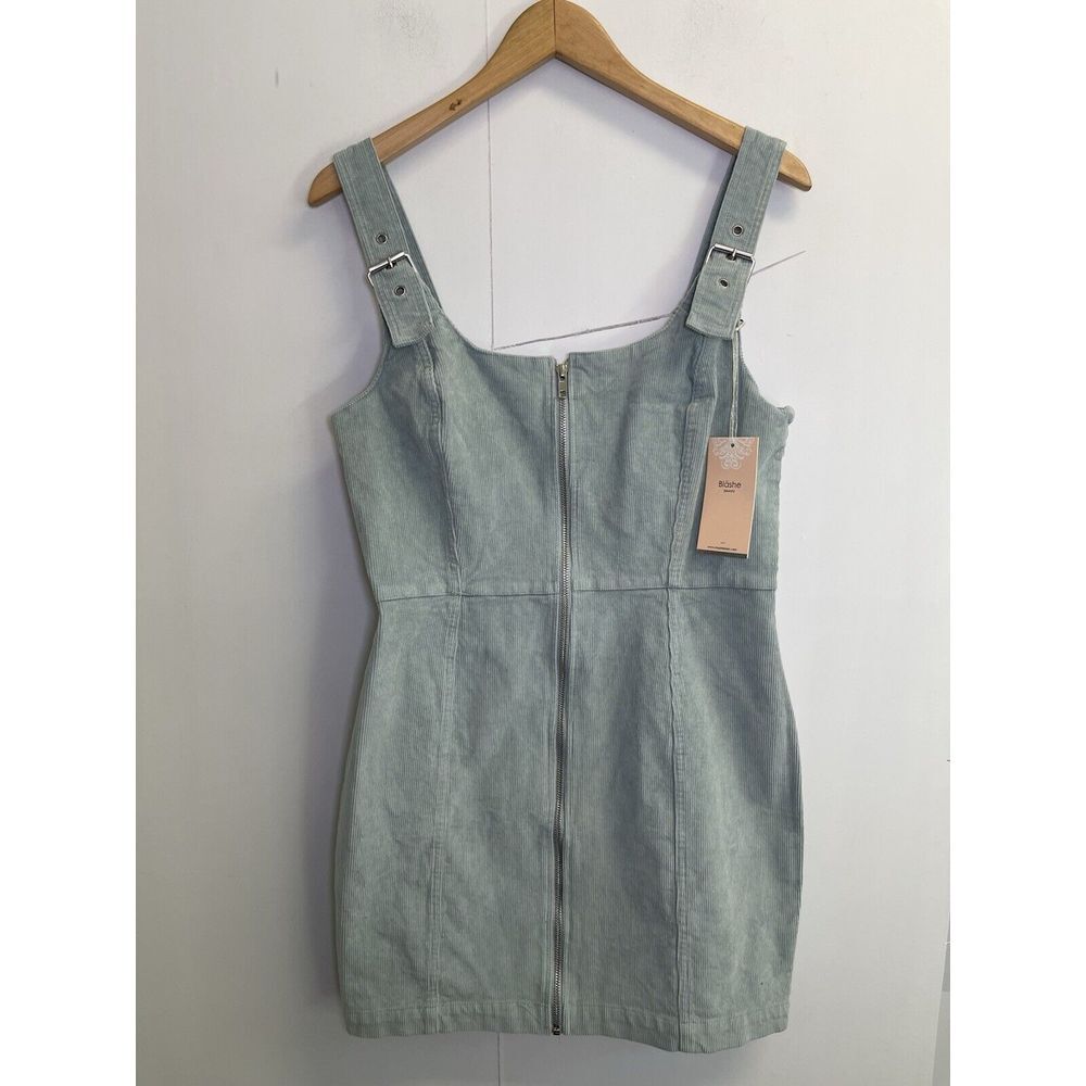 Blāshe Corduroy Overall Dress Women's Size L Pinafore Zipper Sage Green